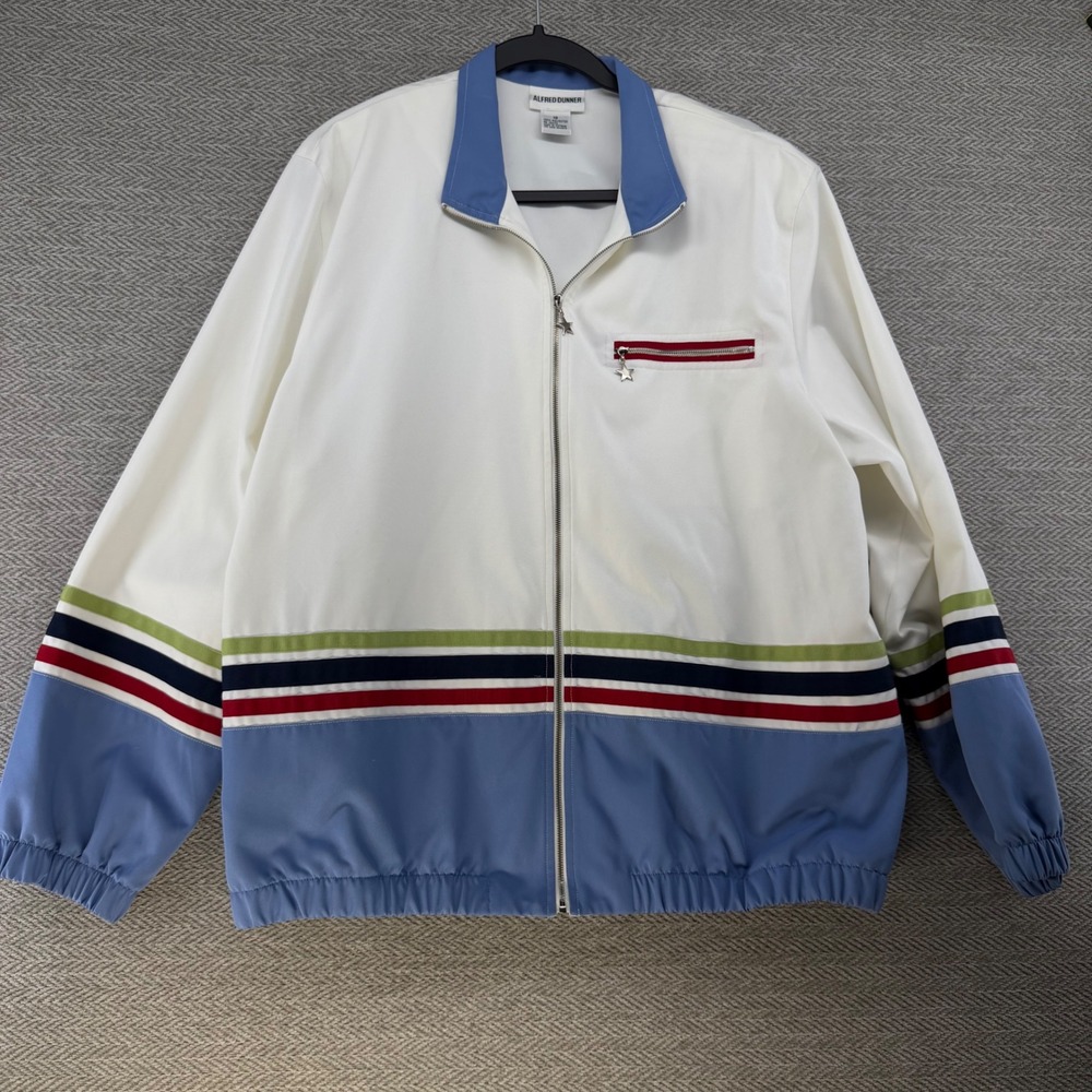 Alfred Dunner Jacket 18 White Polyester Colorblock Striped Star Zip Windbreaker